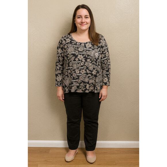 Ruby Rd Womens Black White Floral Striped Tunic Top Shirt 3/4 Sleeve Size 3X - Picture 1 of 6